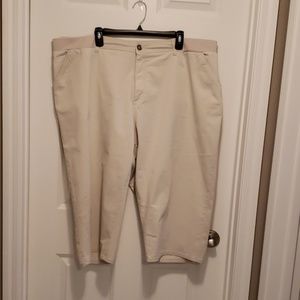 Tan capri pants with leg embroidery
